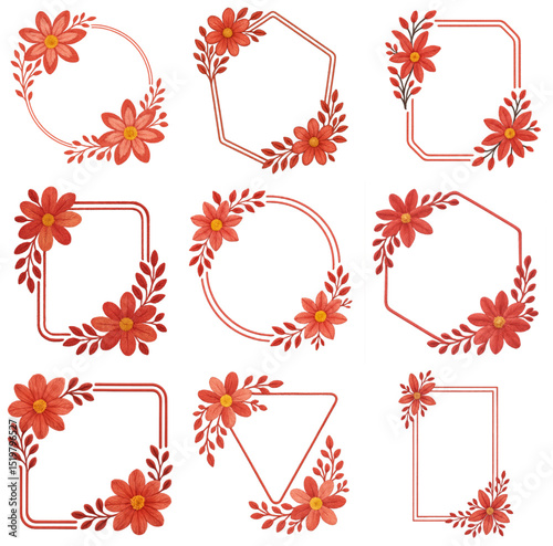 Red Floral Geometric Frame Set – Circular, Square, Hexagon, Triangle Borders with Flowers