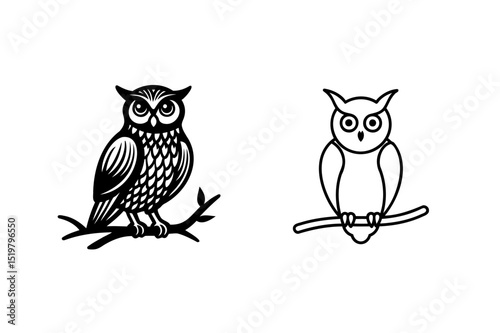 Two stylized black and white owl illustrations perched on branches for various design concepts