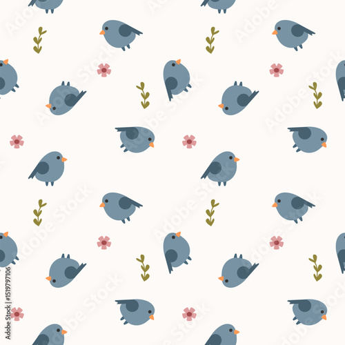 Bird blue cartoon so cute. On flower background. Pattern seamless vector illustration. 