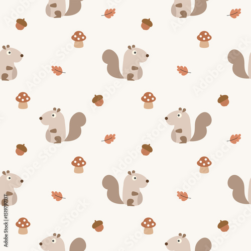 Squirrel cartoon so cute. On acorn leaf mushroom background. Pattern seamless vector illustration. 