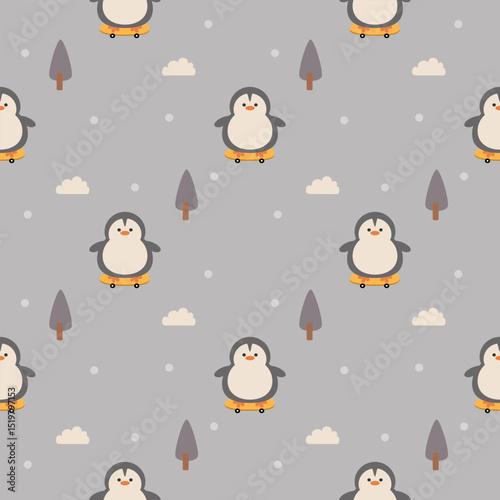Penguin play skateboard cartoon so cute. On tree cloud snow background. Pattern seamless vector illustration. 