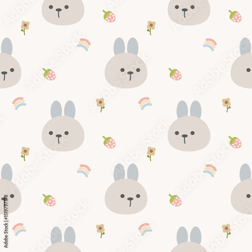 Face rabbit cartoon so cute. On strawberry rainbow flower background. Pattern seamless vector illustration. 