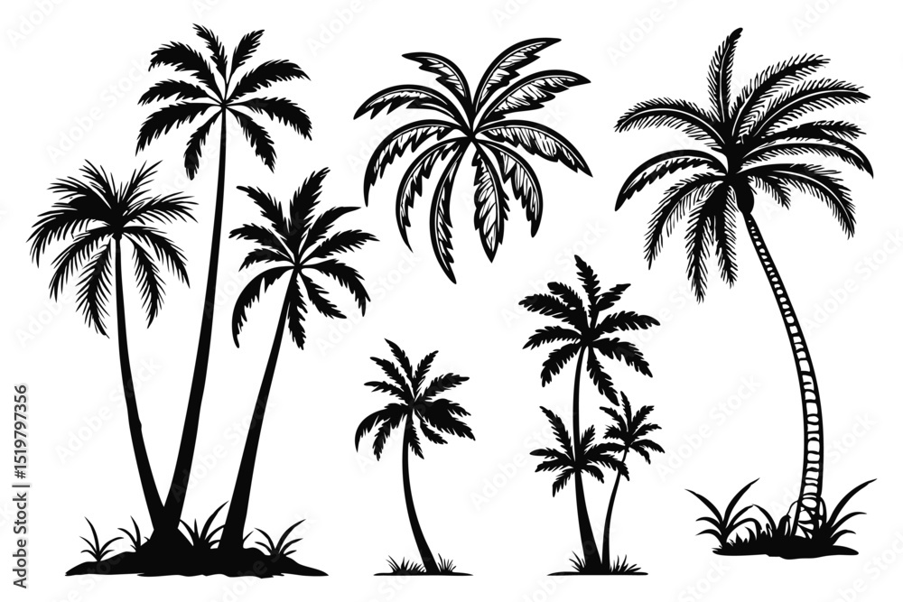 Fototapeta premium Palm tree shapes in various styles – tropical landscape and paradise decoration
