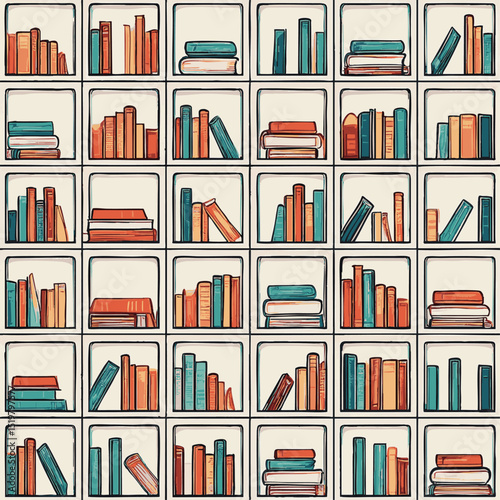 simple illustration on white background; isolated shelves of books; repeating pattern