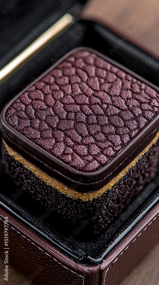 Fototapeta premium A small, textured, burgundy jewelry box with a gold accent, resting inside an open case on a wooden surface.