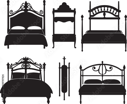 Silhouette Vector Illustration of Various Bed Designs: Iron Bed Frames, Canopy Beds, and Traditional Bed Styles for Interior Design Projects