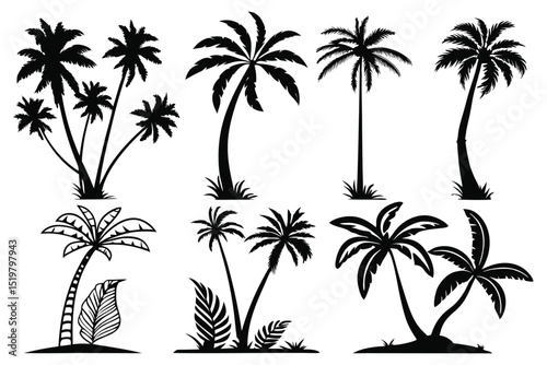 set of palm trees silhouettes vector design 