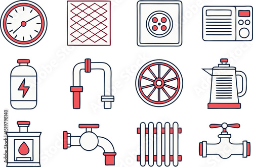 Vector illustration of plumbing heating and electrical themed icons collection