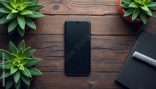 Modern Workspace Flat Lay with Smartphone, Plants and Notepad on Wood