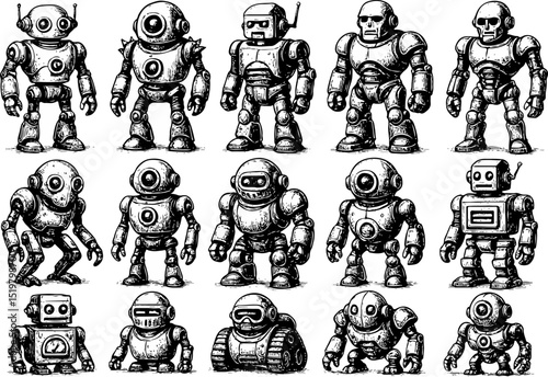 Hand-drawn vintage-style robot collection in black and white. Retro futuristic design, sci-fi inspired androids and mechanical characters in sketch illustration