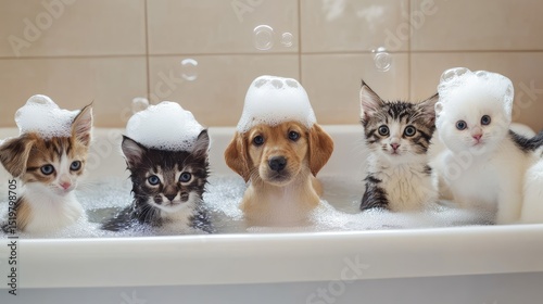 Puppies and cats are in a bathtub with bubbles on their heads. Generative Ai
