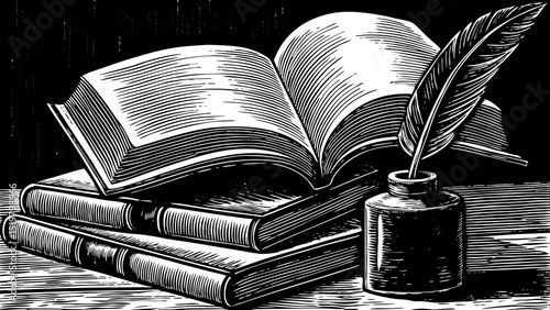 Sketch-style vector of books stacked, open book pages flying, ink pot and feather pen, literary black and white artwork