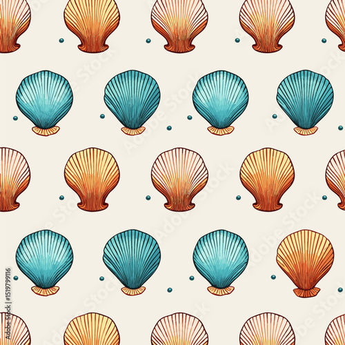 simple illustration on white background; isolated seashells; repeating pattern