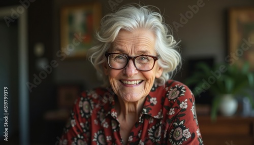 Closeup Portrait Of A Smiling Senior Woman With Gray Hair Wearing Glasses And A