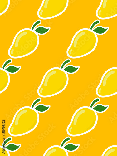 Yellow Mangoes Seamless Pattern with WHITE Stoke Line. Doodle Cute Summer Fruits for Food and Beverage Decoration Juice yummy Hot Weather Fabric Textile Bedding Pajamas Bag Canvas Wallpaper Background