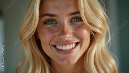 Closeup Portrait Of A Smiling Person With Light Hair And Blue Eyes