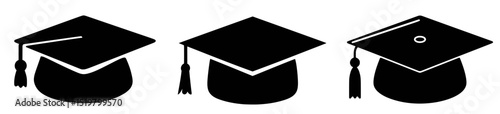 Black graduation caps set on white background