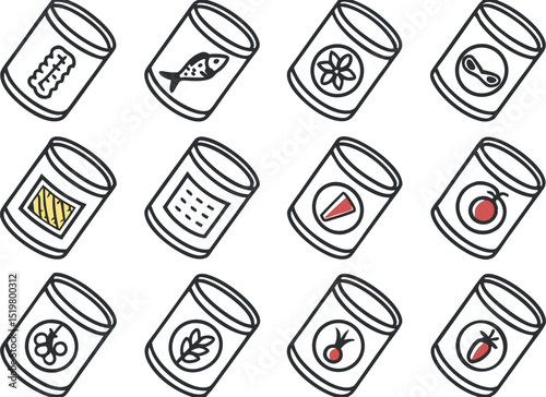 Vector illustration of twelve different canned food products in a simple style