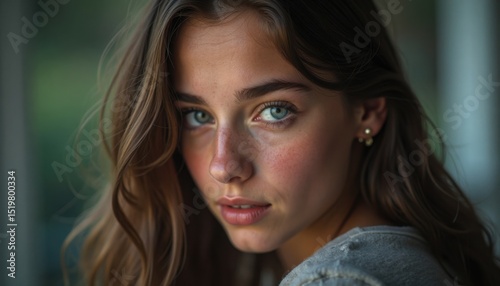 Closeup Portrait Of A Young Person With Freckles And Blue Eyes