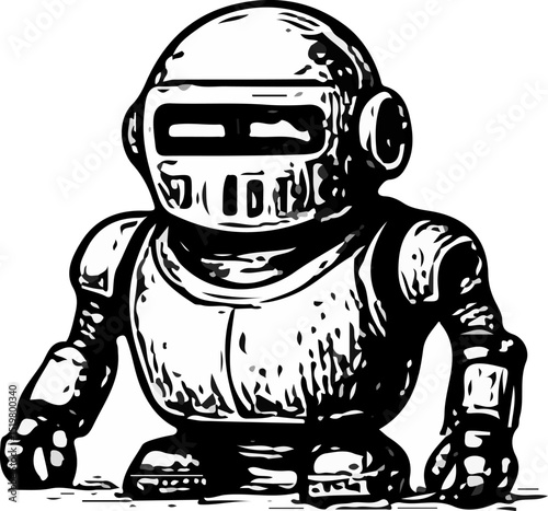 Hand-drawn vintage-style robot collection in black and white. Retro futuristic design, sci-fi inspired androids and mechanical characters in sketch illustration