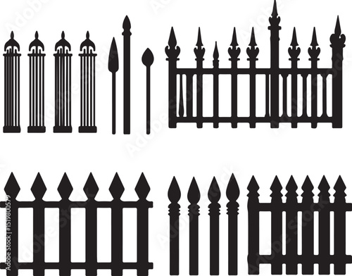 Black and White Vector Illustration of Ornate Wrought Iron Fence Designs: Decorative Metal Fencing, Boundary, and Architectural Elements
