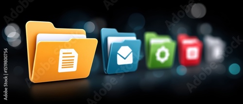 Digital folders with icons for documents, email, settings, and media, representing file organization on a dark, blurred background.