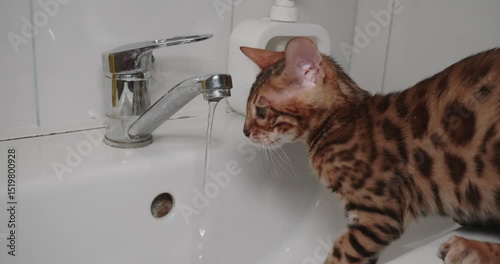 An adorable Bengal kitten curiously explores and plays with a stream of water flowing from a bathroom faucet, showing off his playful nature. Kitten playing with water.