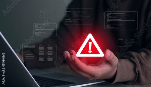 Warning alert icon with a hacked system. malicious software, virus, spyware, malware, or cyberattacks on computer networks. Security on the internet and online scam. Digital data is being compromised.