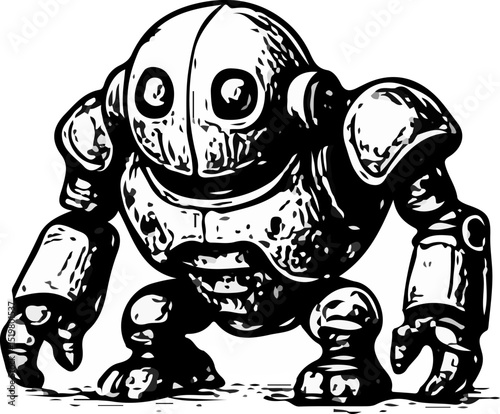 Hand-drawn vintage-style robot collection in black and white. Retro futuristic design, sci-fi inspired androids and mechanical characters in sketch illustration