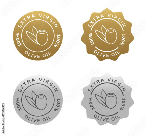 seal of extra virgin olive oil silver and gold color. natural ingredient for beauty product or cooking oil. 