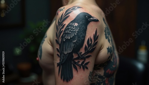 Detailed Bird And Leaves Tattoo On A Person's Upper Arm