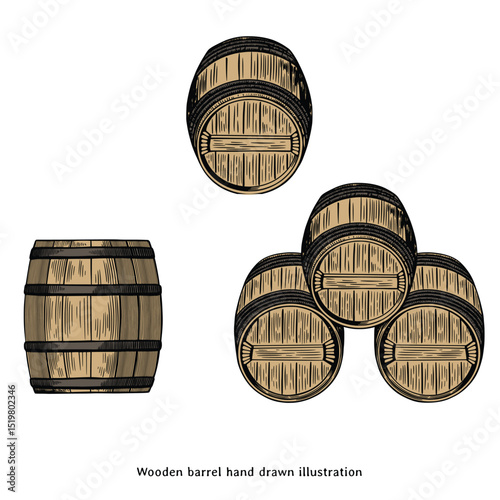 Vintage Wooden Barrel Hand Drawn Illustration