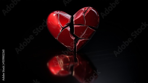 A glossy red heart made of porcelain, shattered into pieces on a reflective black surface, dramatic lighting, minimalistic background, symbolic of emotional pain