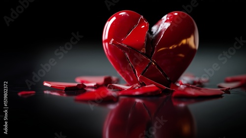 A glossy red heart made of porcelain, shattered into pieces on a reflective black surface, dramatic lighting, minimalistic background, symbolic of emotional pain