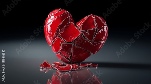 A glossy red heart made of porcelain, shattered into pieces on a reflective black surface, dramatic lighting, minimalistic background, symbolic of emotional pain