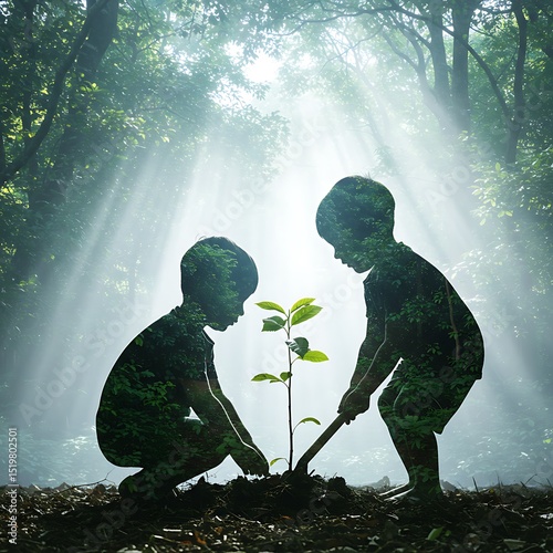 Two children planting a tree in a sunlit forest   photo
