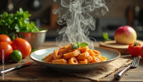 Pasta Dish with Tomato Sauce on Wooden Table