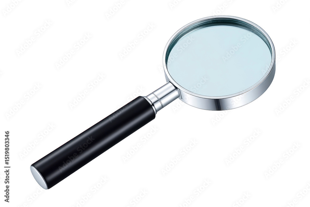 Magnifying glass with black handle and silver frame is shown on transparency background, highlighting its simplicity and functionality Magnifying glass with black handle and silver frame is shown on transparency background, highlighting its simplicity and functionality