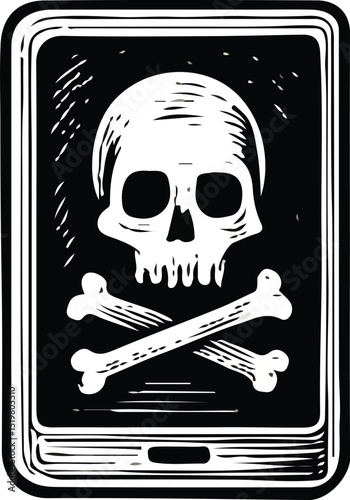 A skull on a mobile screen representing cyber threats, mobile hacking, and security breaches