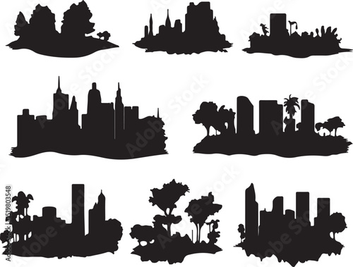 Silhouette Cityscapes: Vector Illustration of Urban Skylines, Trees, and Buildings for Graphic Design and Architectural Projects