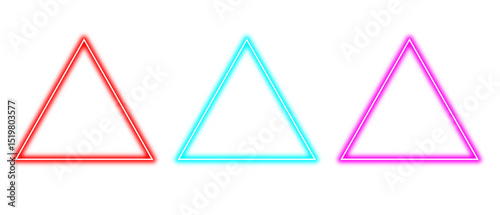 Triangle neon color light effect isolated on transparent  background. Purple blue glowing triangle, flaming neon frame, vibrant futuristic light, shining neon triangle design, glowing effect, PNG
