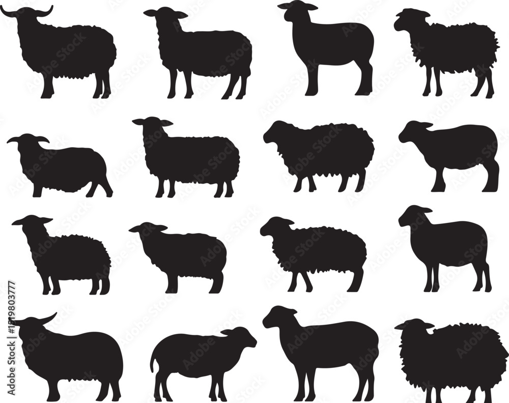 Obraz premium Sheep Silhouette Vector Art: Black and White Sheep Illustrations for Graphic Design, Farm Animals, Livestock, and Agricultural Projects