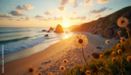Serene Beach Scene with Flowers and Golden Light