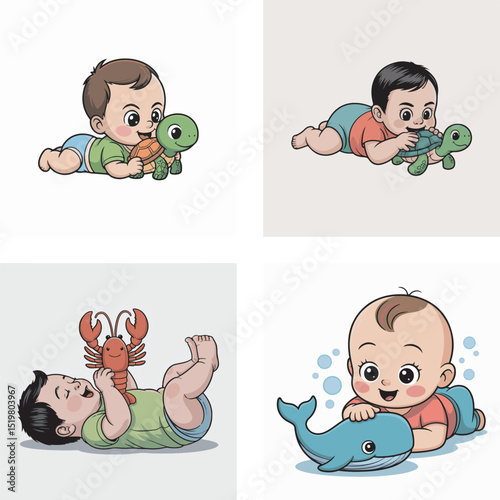 Adorable cartoon babies playing with a turtle, lobster, and whale, featuring cute illustrations