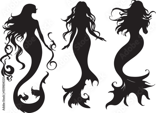 Mermaid Silhouette Vector Art: Three Beautiful Mermaids with Flowing Hair and Ornate Tails - Fantasy Illustration for Graphic Design Projects