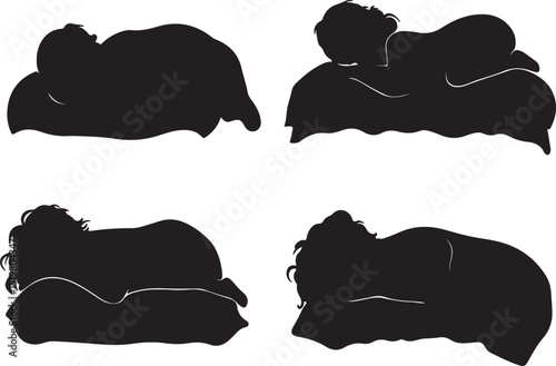 Silhouette Illustration of Sleep Positions: Fetal, Log, Yearner & Freefall - Vector Graphic for Sleep Health & Wellness Content