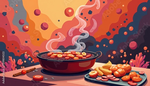 Warm Autumnal Steaming Pot Dish With Berries And Fruits Pixel Art