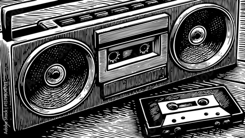 A black and white hand-drawn sketch vector of retro cassette tape and audio player, nostalgic 80s/90s music theme