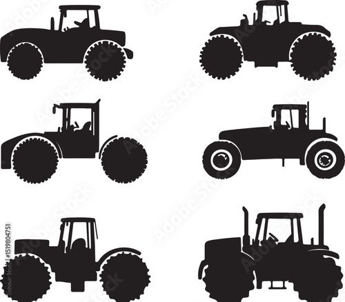 Tractor Silhouette Clipart: Black and White Vector Graphics of Farm Tractors for Agricultural Designs, Farming Illustrations, and Rural Themes