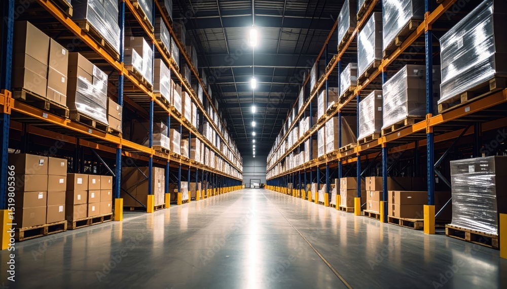 A large, organized warehouse with tall shelves stacked with boxes and pallets under bright industrial lighting. A large, organized warehouse with tall shelves stacked with boxes and pallets under bright industrial lighting.